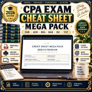 Könnte beinhalten: Ein digitaler Lernleitfaden CPA Exam Cheat Sheet Mega Pack 2026 auf einem Laptop-Bildschirm mit sechs Prüfungsabschnitten, darunter FAR, AUD, REG, BAR, ISC und TCP. Das Set enthält einen Bücherstapel, ein druckbares PDF-Symbol und einen Lernplaner.