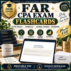 May include: A digital display showing FAR CPA Exam Flashcards 2026 V2 Premium, surrounded by a stack of books, a white mug with the text Discipline Builds Freedom, a notepad with handwritten notes, and a box labeled FAR Flashcards.
