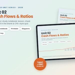 Könnte beinhalten: Ein digitales Studiennotizbuch mit dem Titel CPA FAR Unit Series 2026 Unit 02 Cash Flows & Ratios. Das Dokument enthält Lektionen, Spickzettel, Lückentexte und Quizfragen im CPA-Stil. Es wird als tabletfreundliches, druckbares PDF angeboten.