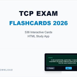May include: TCP EXAM FLASHCARDS 2026 digital download featuring 536 interactive cards in an HTML study app. The interface displays a dark green answer box with text regarding business entity cash flows, plus navigation buttons for previous, next, and shuffle.