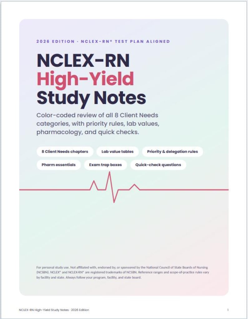 2026 NCLEX-RN High-yield Study Notes, Color-coded Nursing Cheat Sheet ...