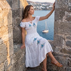artisanal white midi dress Kyra | Midi Dress | White Gauze - Boho Balloon Sleeve Gauze Cotton