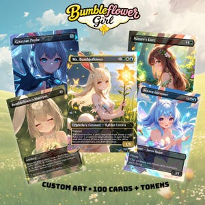May include: A collection of five trading cards featuring anime-style illustrations of characters with rabbit ears, including Ms. Bumbleflower, Gitaxian Probe, Nature's Lore, Bumbleflower's Sharepot, and Brazen Borrower, with the text Bumbleflower Girl.