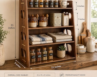 4 Tier Wooden Spice Rack Organizer | Countertop Kitchen Shelf | Wooden Storage Organizer | Farmhouse Kitchen Storage | Counter Display Shelf