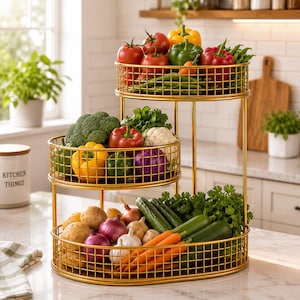 3-laags gouden fruitmandstandaard, aanrecht fruitorganizer, metalen fruitschaal, groente-opbergrek, modern keukendecor