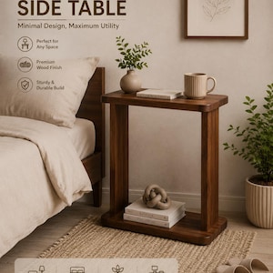 May include: A rectangular dark wood side table with a flat top and a lower shelf. The table features rounded corners and vertical support legs. Text on the image reads: MULTI-PURPOSE SIDE TABLE, Minimal Design, Maximum Utility, Living Room, Bedroom, Balcony, Office.