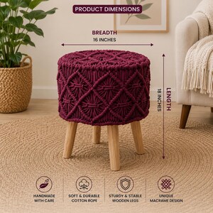 Handgemaakte macramé poef, boho voetenbankje, katoenen touwpoef, kruk met houten poten, ronde kaptafelkruk, woonkamerdecoratie