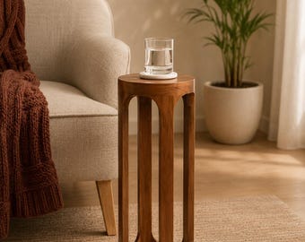 Solid Mango Wood Round Side Table | Modern End Table | Wooden Accent Table | Living Room Bedside Table | Small Plant Stand
