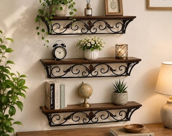 Rustic Floating Wall Shelf Set, Wooden & Metal Wall Shelves, Farmhouse Home Decor, Living Room Storage Shelf, Decorative Wall Organizer
