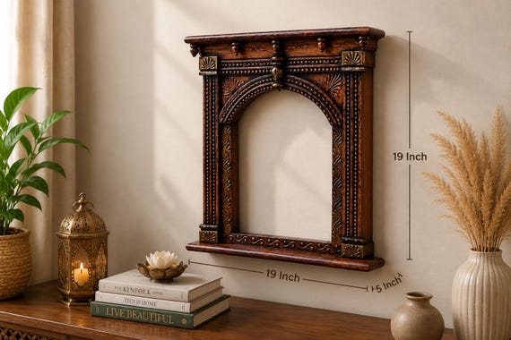 Handcrafted Wooden Temple Frame Wall Decor, Indian Mandir Frame, Rustic Wooden Wall Hanging, Pooja Room Decor, Home Decor Gift