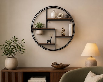 Round Metal Wall Shelf | Modern Industrial Floating Shelf | Black Metal & Wood Wall Decor | Geometric Display Shelf