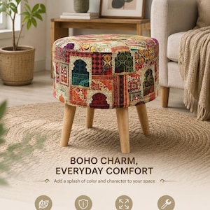Boho ottomansk pall, färgglad lapptäckespuff, rund klädd fotstöd, accentpall med träben, boho heminredning