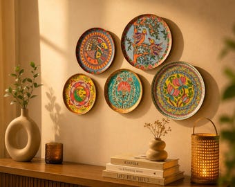Set of 5 Colorful Boho Wall Plates | Indian Folk Art Wooden Decor