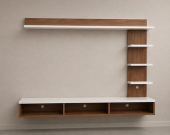 Moderne Floating TV-Einheit mit Wandregal, Unterhaltungszentrum, TV-Wandpaneel, Hölzerne Medienkonsole, Wohnzimmer-TV-Ständer