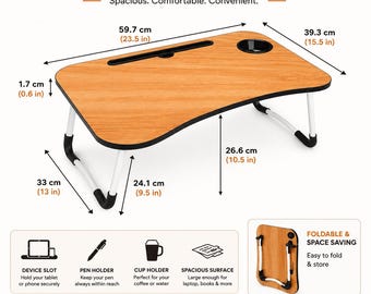 Faltbarer Laptop-Betttisch mit Getränkehalter und Tablet-Steckplatz, tragbarer Laßtisch für Bett, Sofa, Couch, Arbeitstisch für Laptop, Frühstückstablett, Arbeit