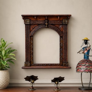 Handcrafted Wooden Temple Frame Wall Decor, Indian Mandir Frame, Rustic Wooden Wall Hanging, Pooja Room Decor, Home Decor Gift image 3