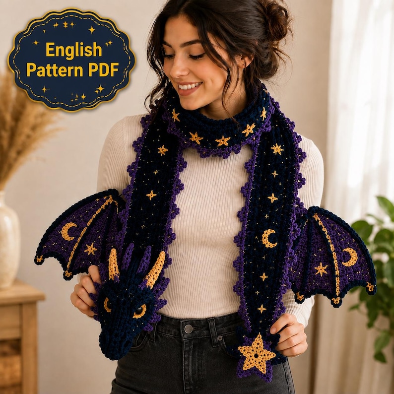 May include: A dark blue crochet dragon scarf featuring yellow embroidered stars and crescent moons, with attached dragon wings and a dragon head at one end. The scarf includes a scalloped edge and a star at the tip. Text reads English Pattern PDF.