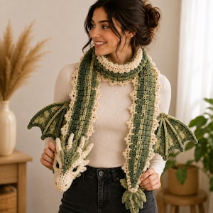 Può includere: Una sciarpa a forma di drago realizzata all'uncinetto con un corpo lungo a strisce alternate verde scuro e crema, una testa di drago dettagliata con grandi occhi scuri, due ali strutturate sui lati e una coda appuntita con bordi smerlati.