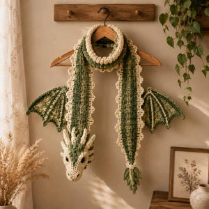 May include: A crochet scarf designed to resemble a dragon, featuring a textured green and cream yarn construction. The scarf includes a detailed dragon head at one end, a pointed tail at the other, and two large, intricate wings extending from the sides.