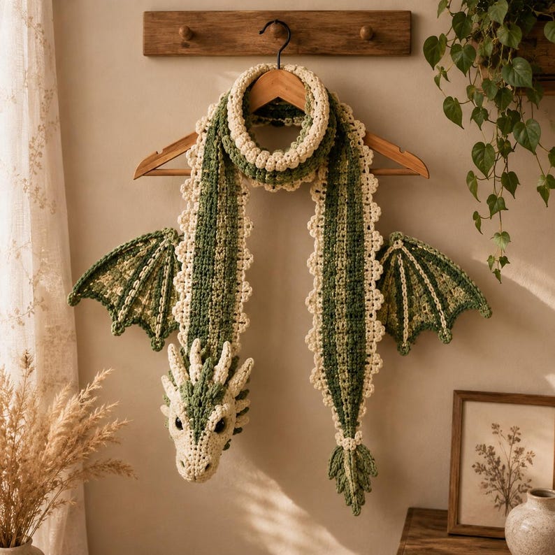 May include: A crochet scarf designed to resemble a dragon, featuring a textured green and cream yarn construction. The scarf includes a detailed dragon head at one end, a pointed tail at the other, and two large, intricate wings extending from the sides.