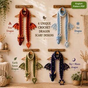May include: Four crochet dragon scarves hanging on wooden hangers. The designs include a red fire dragon, a light blue ice dragon, a green earth forest dragon, and a dark blue sky moon dragon with star and crescent moon patterns.