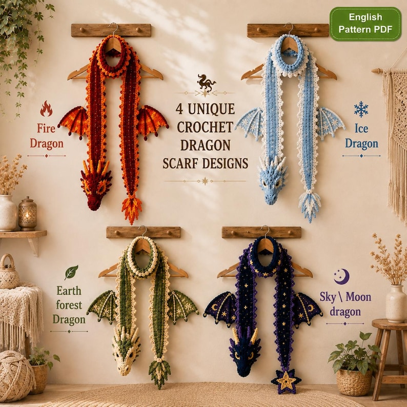 May include: Four crochet dragon scarves hanging on wooden hangers. The designs include a red fire dragon, a light blue ice dragon, a green earth forest dragon, and a dark blue sky moon dragon with star and crescent moon patterns.