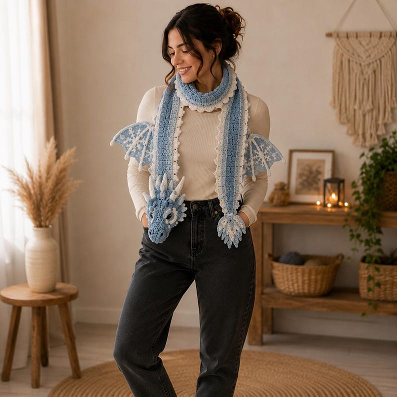 May include: A light blue and white crocheted dragon scarf featuring a detailed dragon head at one end, a pointed tail at the other, and two textured wings attached to the sides. The scarf has a scalloped white border along the edges.
