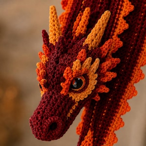 May include: A crocheted dragon toy featuring a deep maroon body with vibrant orange accents along the head, horns, and spine. The creature has large, dark, glossy eyes and a textured, stitched surface throughout its entire form.