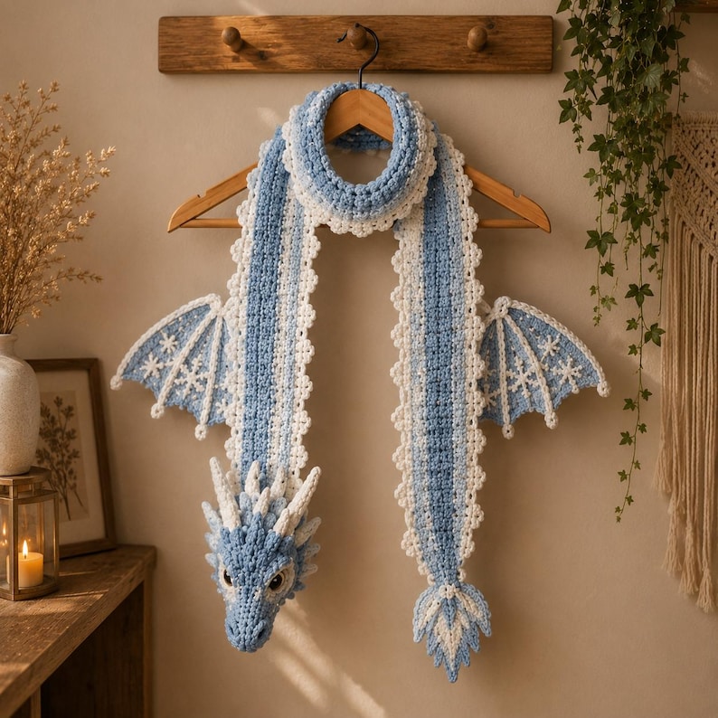 May include: A crochet dragon scarf in shades of light blue and white. The scarf features a detailed dragon head at one end, a pointed tail at the other, and two textured wings extending from the sides. The edges are finished with a scalloped trim.