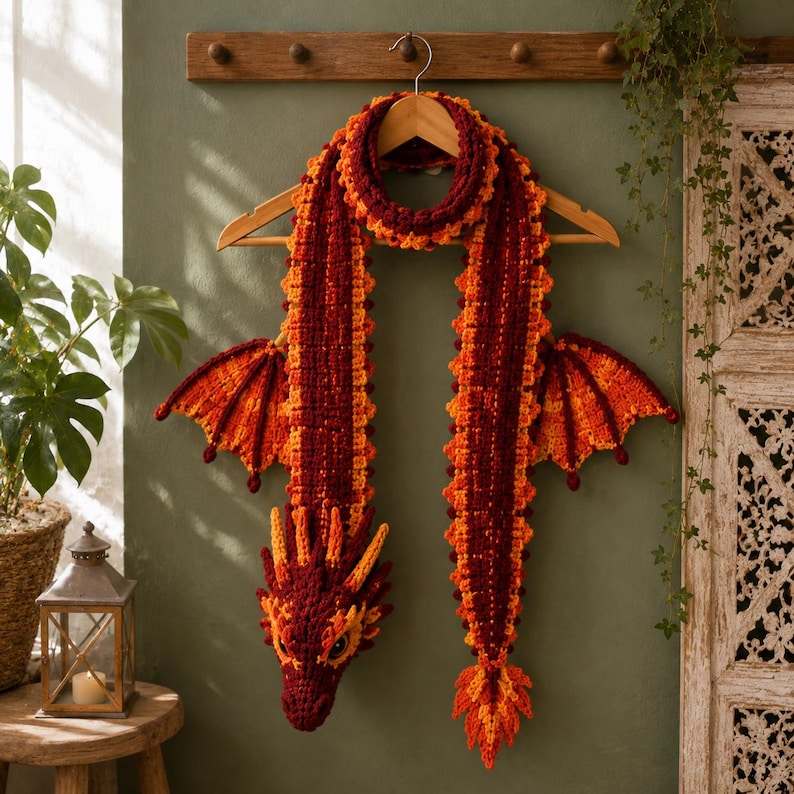 May include: A crochet dragon scarf in shades of deep red, orange, and yellow. The scarf features a detailed dragon head at one end, a pointed tail at the other, and two textured wings extending from the sides, all hanging from a wooden hanger.
