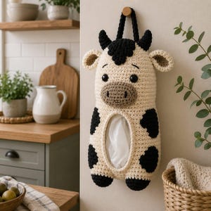 Peut inclure: Un distributeur de sacs en plastique crocheté en forme de vache couleur crème avec des taches noires, un museau marron et des oreilles noires. La vache présente une ouverture ovale centrale pour les sacs et une boucle noire pour la suspension.