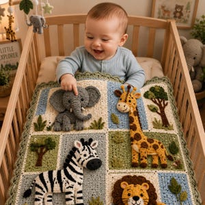 May include: A crochet baby blanket featuring a grid of squares with three-dimensional appliques of a gray elephant, a yellow and brown giraffe, a black and white zebra, and a lion, all set against a background of green, blue, and cream yarn.