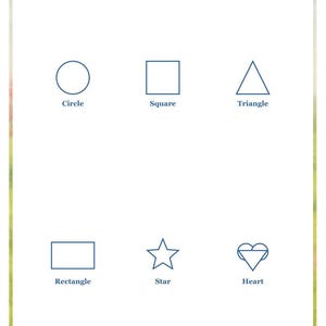 K&ouml;nnte beinhalten: Ein wei&szlig;es Arbeitsblatt mit dem Titel Shapes und einer Zeile f&uuml;r einen Namen. Es zeigt sechs blau umrandete Formen: Kreis, Quadrat, Dreieck, Rechteck, Stern und Herz, jeweils mit dem Namen darunter. Am unteren Rand steht der Text Lantern Path Books.