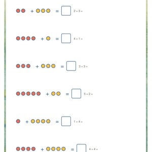 May include: A white educational worksheet titled Add with Pictures featuring six addition problems. Each problem displays red and yellow dots to count, an equals sign, an empty box for the answer, and the corresponding numerical equation.
