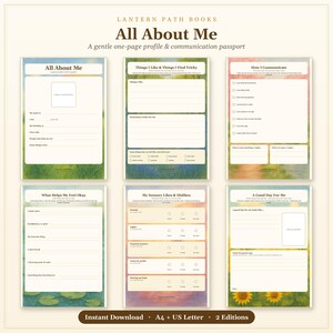 Può includere: Un set di sei pagine stampabili intitolate All About Me, un profilo e passaporto di comunicazione. Le pagine presentano campi per informazioni personali, preferenze sensoriali, metodi di comunicazione e routine quotidiane.
