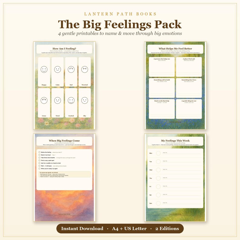 Pode incluir: Quatro folhas de atividades imprim&iacute;veis intituladas The Big Feelings Pack da Lantern Path Books. As p&aacute;ginas incluem How Am I Feeling, What Helps Me Feel Better, When Big Feelings Come e My Feelings This Week, com fundos de aguarela suaves.