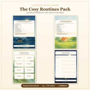 Pode incluir: O pacote Cosy Routines da Lantern Path Books inclui quatro folhas imprim&iacute;veis: uma lista de verifica&ccedil;&atilde;o para a rotina de dormir, uma rotina matinal, cart&otilde;es de calma e um rastreador semanal. Os documentos apresentam ilustra&ccedil;&otilde;es de casas.