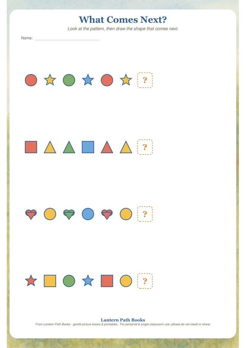 K&ouml;nnte beinhalten: Ein wei&szlig;es Arbeitsblatt mit dem Titel What Comes Next? das vier Reihen bunter geometrischer Formen wie Kreise, Sterne, Quadrate, Dreiecke und Herzen zeigt. Jede Reihe endet mit einem Feld, das ein Fragezeichen zur Vervollst&auml;ndigung enth&auml;lt.