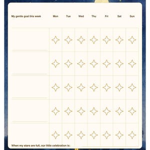 Puede incluir: Una hoja de seguimiento de objetivos semanales titulada My Cosy Week con un fondo de cielo nocturno azul oscuro. Incluye una cuadr&iacute;cula para cinco objetivos, columnas para los d&iacute;as de la semana y filas de estrellas doradas para colorear. La parte inferior incluye texto sobre celebraciones y Lantern Path Books.