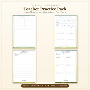 May include: A Teacher Practice Pack by Lantern Path Books featuring four white educational templates titled My Spelling Words, Skip Counting & Times Tables, My Writing, and Number of the Day. These reusable, no-prep weekly sheets are in A4 and US Letter sizes.