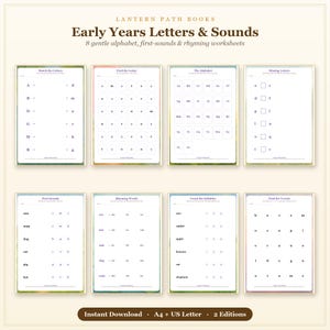 May include: Eight educational worksheets titled Lantern Path Books Early Years Letters & Sounds. The pages feature black text on white backgrounds, including exercises for matching letters, finding letters, alphabet practice, and phonics tasks.