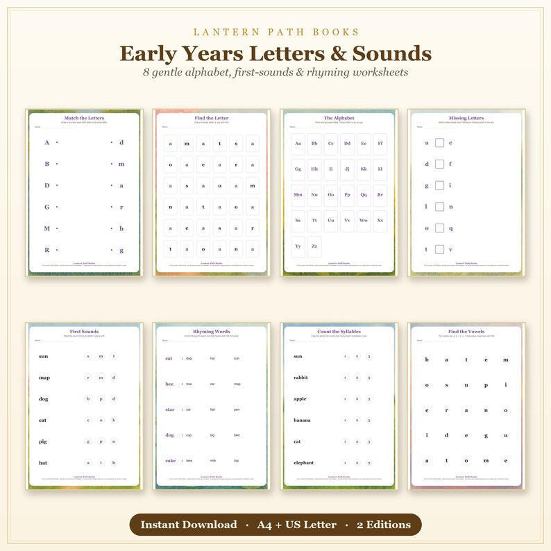 May include: Eight educational worksheets titled Lantern Path Books Early Years Letters & Sounds. The pages feature black text on white backgrounds, including exercises for matching letters, finding letters, alphabet practice, and phonics tasks.
