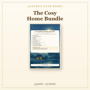Pode incluir: Uma lista de verifica&ccedil;&atilde;o imprim&iacute;vel intitulada The Cosy Home Bundle da Lantern Path Books. O documento apresenta uma lista de rotina de hora de dormir com caixas de sele&ccedil;&atilde;o, uma ilustra&ccedil;&atilde;o noturna de uma casa num rio e texto.