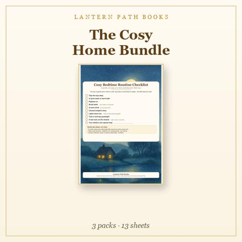 Pode incluir: Uma lista de verifica&ccedil;&atilde;o imprim&iacute;vel intitulada The Cosy Home Bundle da Lantern Path Books. O documento apresenta uma lista de rotina de hora de dormir com caixas de sele&ccedil;&atilde;o, uma ilustra&ccedil;&atilde;o noturna de uma casa num rio e texto.