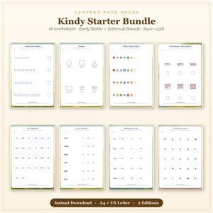 K&ouml;nnte beinhalten: Ein digitales Lernpaket mit dem Titel Lantern Path Books Kindy Starter Bundle, das 16 Arbeitsbl&auml;tter f&uuml;r fr&uuml;he Mathematik und Lese&uuml;bungen enth&auml;lt. Die Seiten umfassen Aufgaben zu Z&auml;hlen, Formen, Mustern, Zehnerfeldern und dem Alphabet.