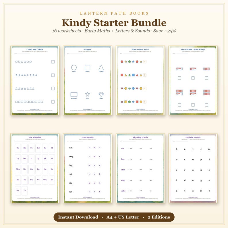 K&ouml;nnte beinhalten: Ein digitales Lernpaket mit dem Titel Lantern Path Books Kindy Starter Bundle, das 16 Arbeitsbl&auml;tter f&uuml;r fr&uuml;he Mathematik und Lese&uuml;bungen enth&auml;lt. Die Seiten umfassen Aufgaben zu Z&auml;hlen, Formen, Mustern, Zehnerfeldern und dem Alphabet.