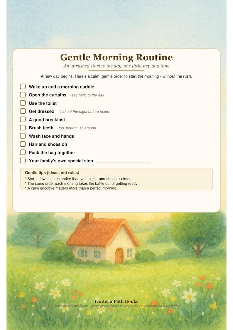 Puede incluir: Una lista de verificaci&oacute;n impresa titulada Gentle Morning Routine con tareas como despertar, vestirse y cepillarse los dientes. Debajo del texto hay una ilustraci&oacute;n en acuarela de una peque&ntilde;a casa con techo naranja en un prado verde con flores.