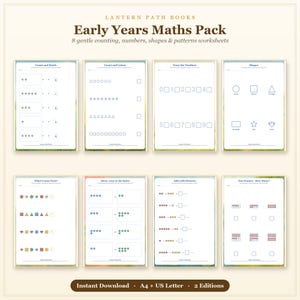 May include: An Early Years Maths Pack by Lantern Path Books featuring 8 educational worksheets for counting, numbers, shapes, and patterns. The set includes pages for tracing, matching, and addition, available as an instant download in A4 and US Letter sizes.