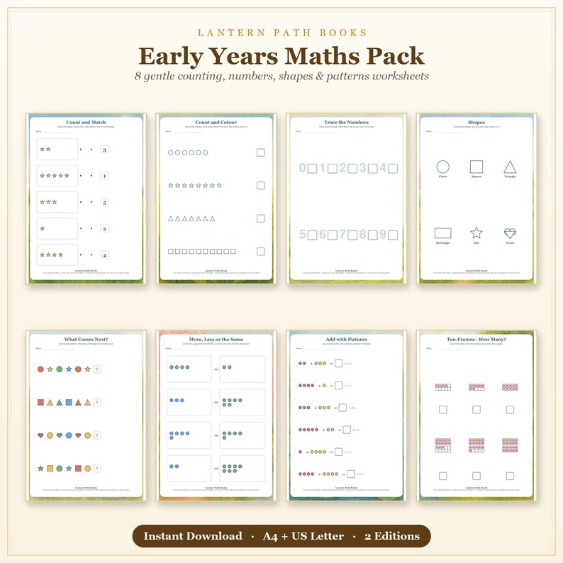 May include: An Early Years Maths Pack by Lantern Path Books featuring 8 educational worksheets for counting, numbers, shapes, and patterns. The set includes pages for tracing, matching, and addition, available as an instant download in A4 and US Letter sizes.