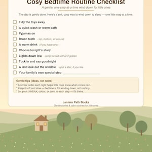 Puede incluir: Una lista de control de rutina de acostarse titulada Cosy Bedtime Routine Checklist con diez pasos como recoger juguetes, ba&ntilde;o, pijama, cepillarse los dientes, bebida caliente, elegir cuento, bajar luces, arropar, mirar por la ventana y un paso especial, con consejos y el logo de Lantern Path Books.